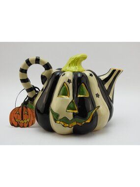 Blue Sky Clayworks Halloween Pumpkin Teapot Black White Striped New Whimsical
